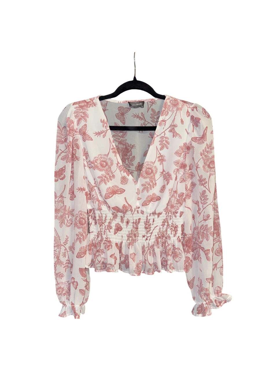 Lulumari Floral Butterfly Print V-Neck Smocked Waist Long Sleeve Blouse Size M